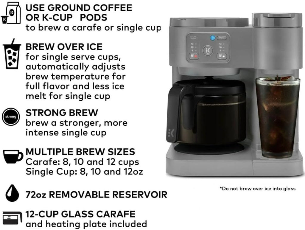K-Duo Essentials, Hot & Iced Single-Serve Pod Coffee Maker & Carafe, 72 Oz Reservoir, Multiple Brew Sizes, Strong Brew Feature, Perfect for Hot and Iced Coffee (Moonlight Gray)