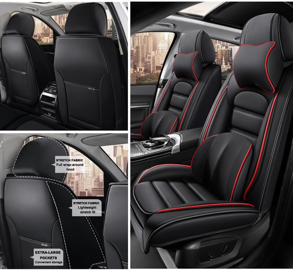 2 Seat Covers for Hummer H3 2006-2010 Leather Car Seat Covers Waterproof Anti-Slip Soft Car Seat Protectors Comfort Premium Automotive Seat Covers with Airbag（Luxury,Black+Red Bars）