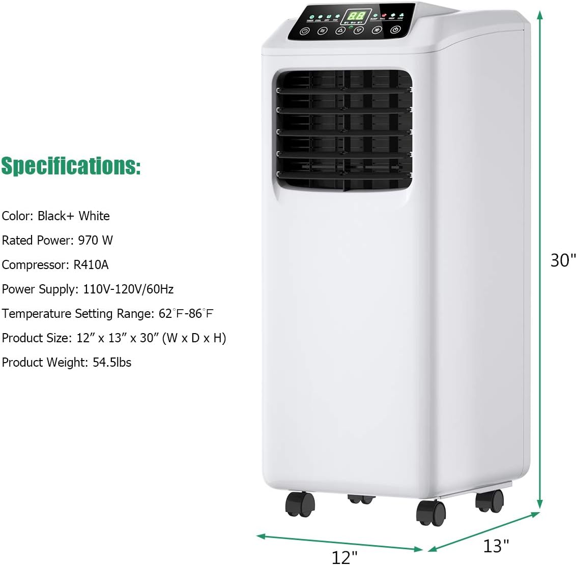 COSTWAY 8000 BTU Portable Air Conditioner, 3-in-1 Air Cooler w/Built-in Dehumidifier, Fan Mode, Sleep Mode, Remote Control& LED Display, Rooms Up to 230+ Sq. ft, for Home Office (White and Black)