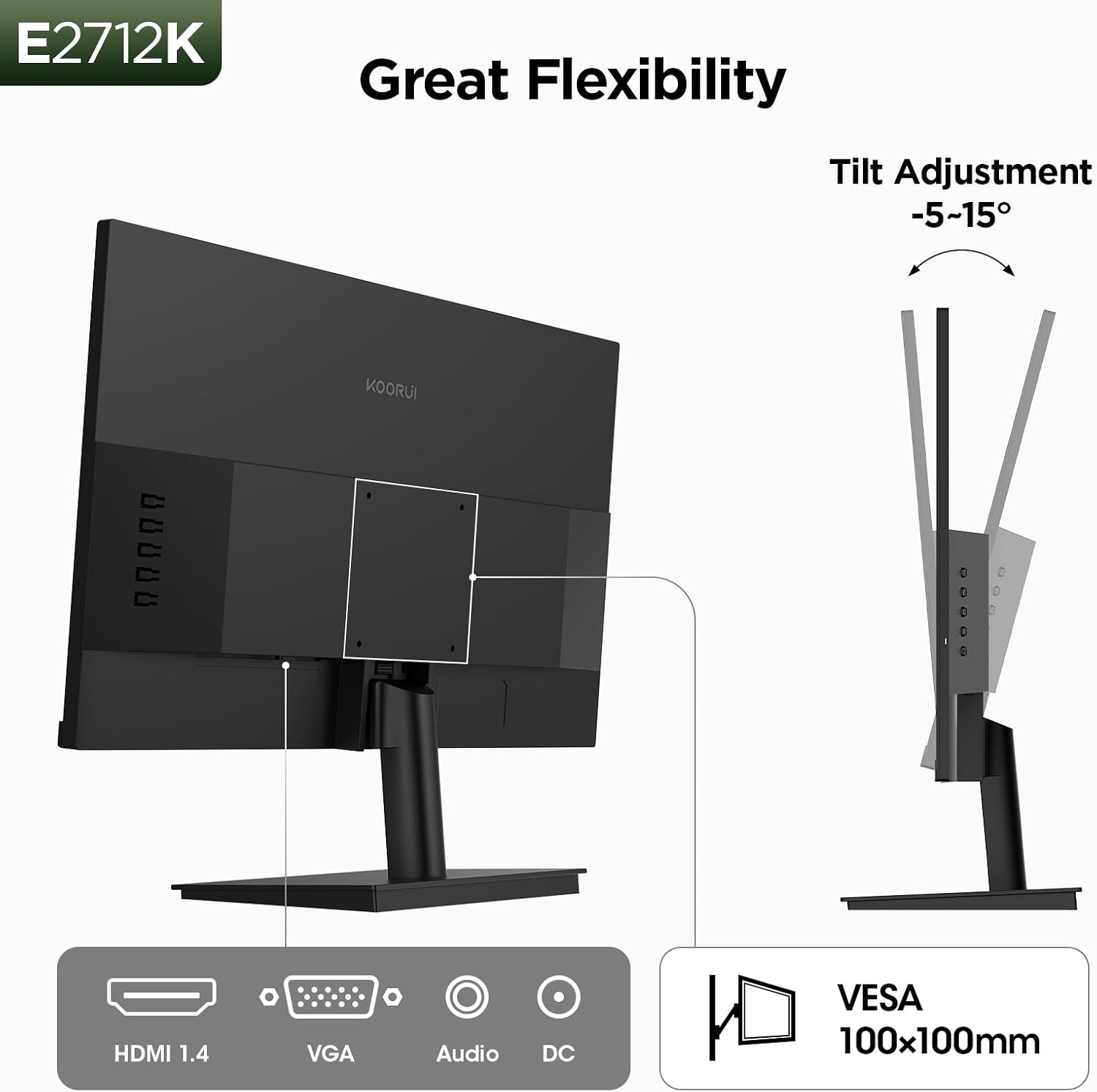 KOORUI 27 Inch Gaming Office Monitor 144Hz VA Display 4000:1 Contrast Ratio, FreeSync FHD 1080P, Eye Care TÜV Rheinland Certified, Slim Bezels, HDMI VGA Ports, Ergonomic Tilt, VESA Mount, Black