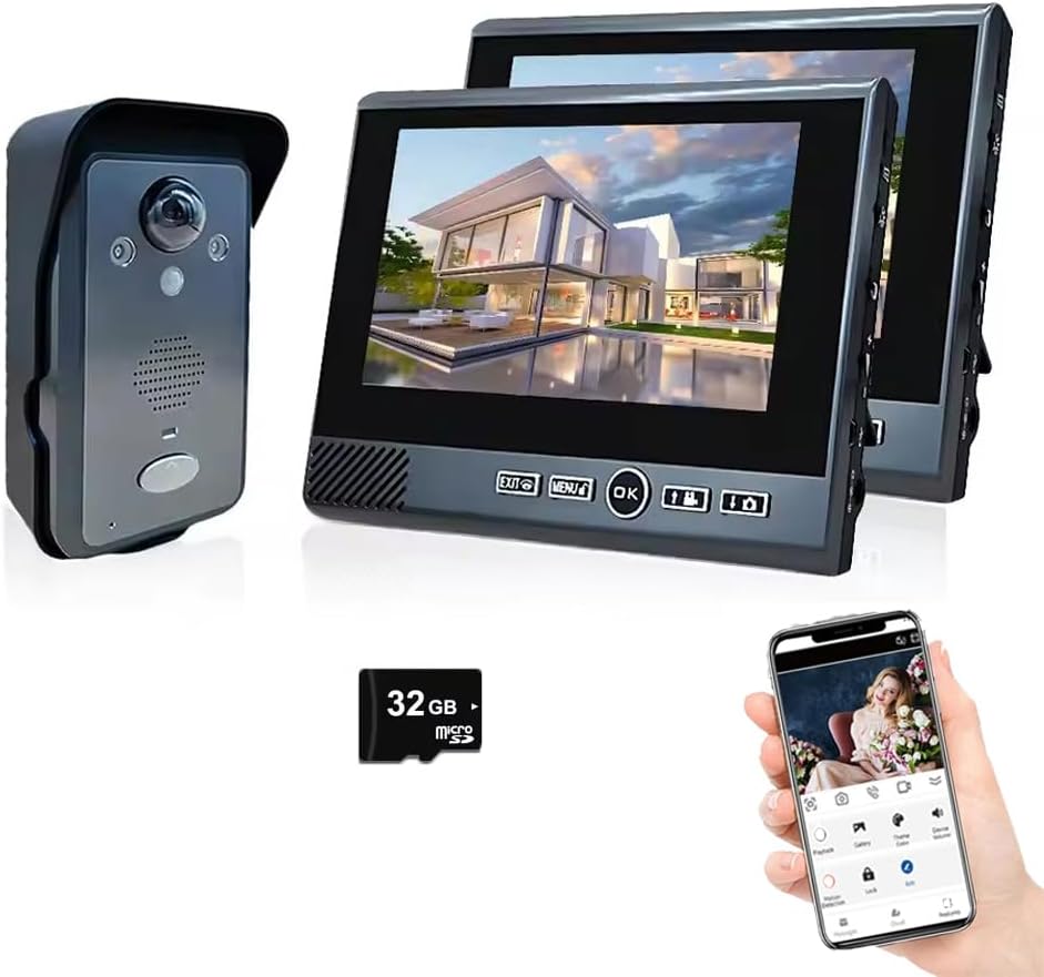 Ring Doorbell Wireless,Doorbell Camera Night Vision 1080P HD Camera,7 Inch TFT Screen Monitor,Support Tamper Alarm & Motion Detection,Long Standby,Visual Intercom Doorbell (1 Door +2 Monitor)