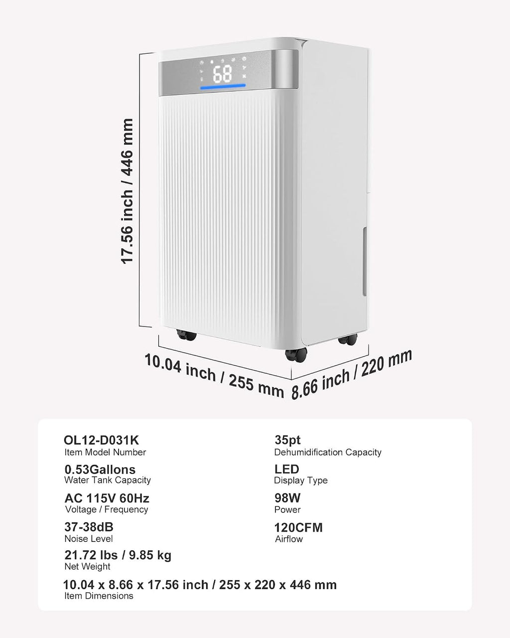VEVOR 35 Pints Dehumidifier for Home & Basement, 2500 Sq.Ft Coverage, Drain Hose for Commercial & Industrial Use, Smart Humidity Control, Low Noise for Large Rooms, Warehouses, Bedrooms & Storage