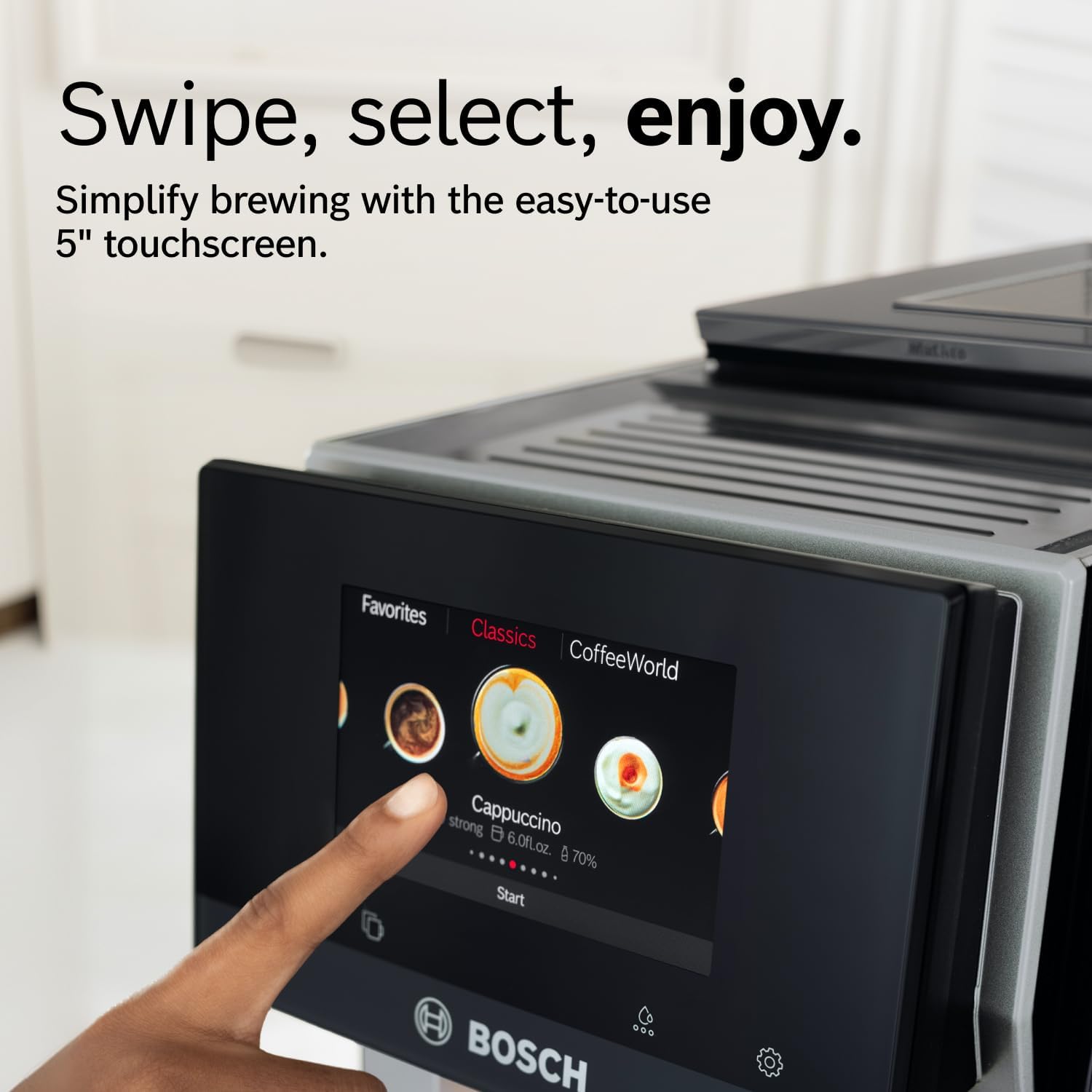Bosch Fully Automatic Coffee and Espresso Machine - 36 Drinks, Double Cup Barista Style Super Coffee Maker - Touchscreen, Large Bean Capacity - Easy Clean, Maintenance - Metallic Silver - TPU60501