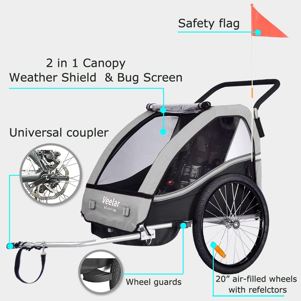Veelar Bike Trailer & Stroller 2 in 1 Double Seat for Toddlers, Kids, Child Bicycle Carrier Jogger