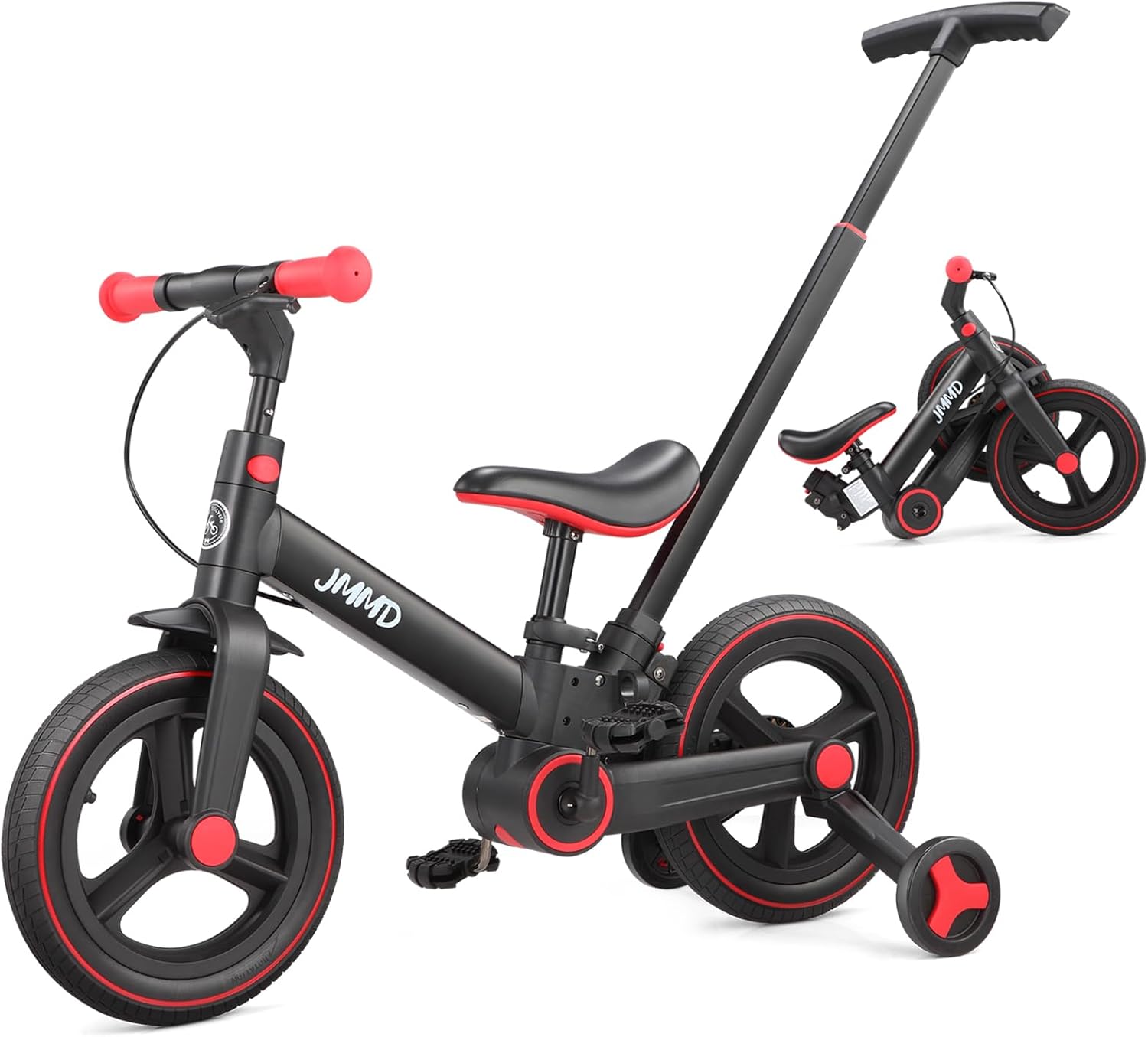 JMMD 6 in 1 Toddler Bike with Push Handle for Kids 18-60 Months, 12' Foldable Balance Bike with Training Wheels, Pedals, Brakes, Kickstand, Push Tricycle Toddler Gift & Toys for Boy & Girl