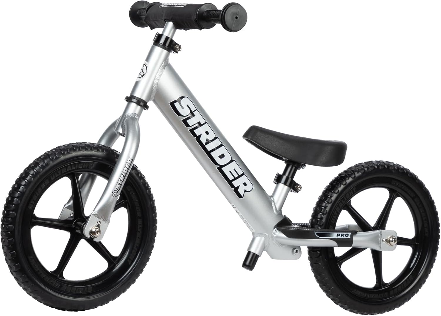 Strider 12' Pro Bike, No Pedal Balance Bicycle for Kids 1 to 4 Years - Includes Safety Pad, Padded Seat, Mini Grips & Flat-Free Tires - Tool Free