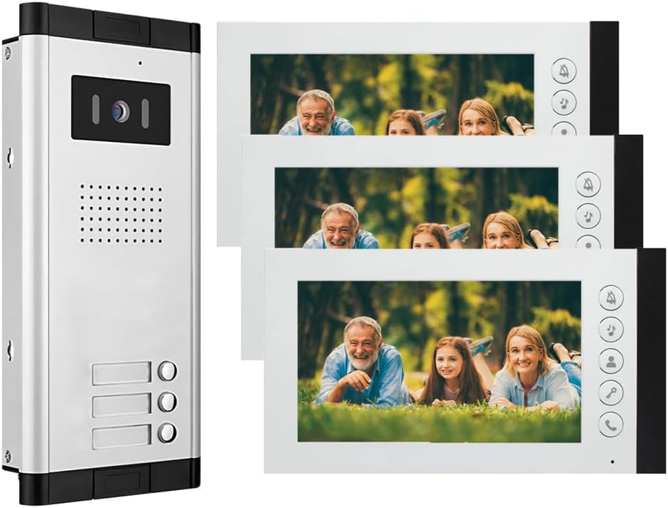 Wired Video Intercom System,7 Inch Ring Video Doorbell with IR Night Vision,HD Camera Kits,IR Outdoor Camera,Dual-Way Intercom for Villa Home Office Apartment (1 Bell +3 Monitor)