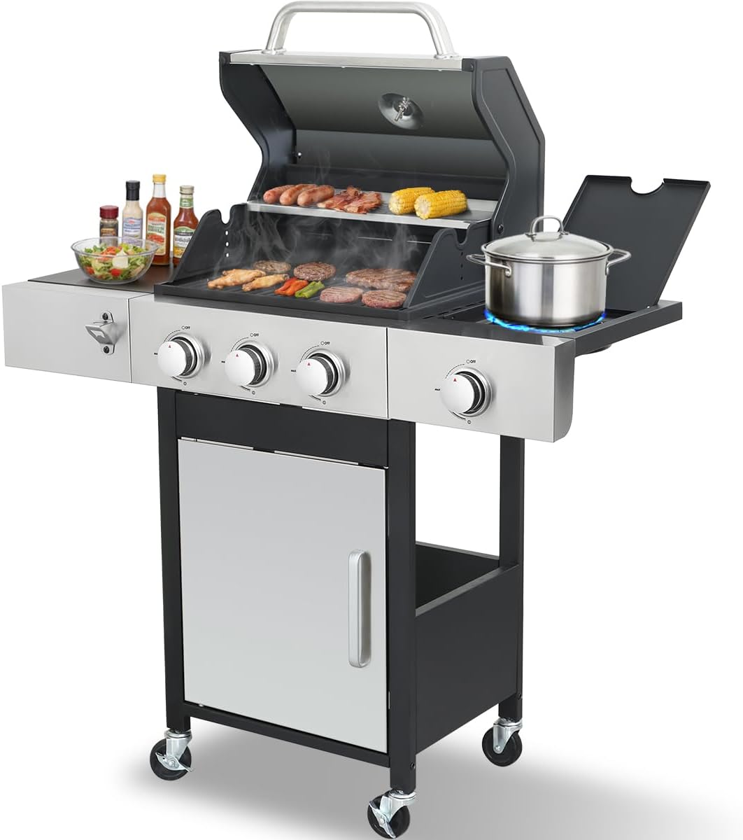 CIG GARDEN 3-Burner Propane Gas Grill With Side Burner, Double-layer Stainless Steel BBQ Grill with Lid Cast Iron Grates, 41,500 BTU Output Perfect for Outdoor Cooking, Backyard, Camping, BBQ Grill