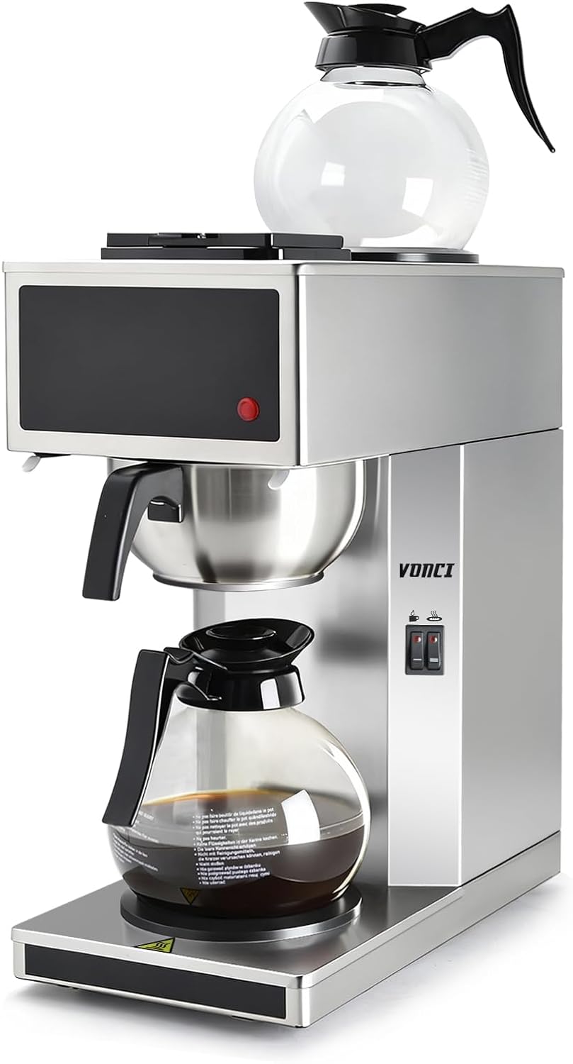 VONCI 1610W Commercial Coffee Maker, 12 Cup Drip Coffee Machine, 2 Glass Carafes and 2 Warmers, Stainless Steel Housing & Funnel, Industrial Coffee Maker for Offices, Hotels, Home