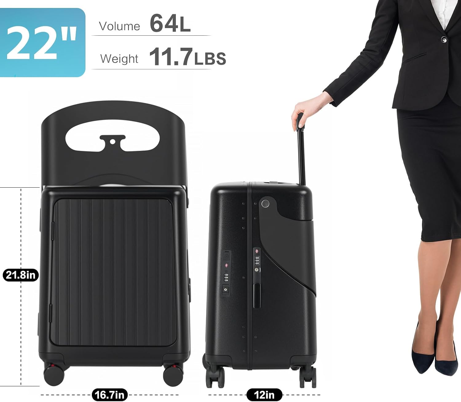 smilesun 22' Carry On Luggage with Seat For Kids & Adults，Hardside Ride On Suitcase Front Opening with 360°Spinner and TSA Lock For Travel (Black with Front Open, 22')