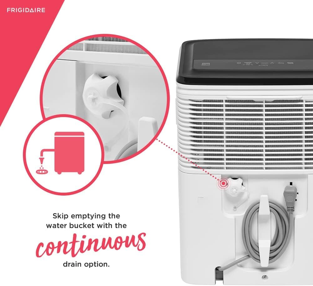 Frigidaire 22 Pint Dehumidifier. 1,500 Square Foot Coverage. Ideal for Small Rooms. 1.7 Gallon Bucket Capacity. Continuous Drain Option
