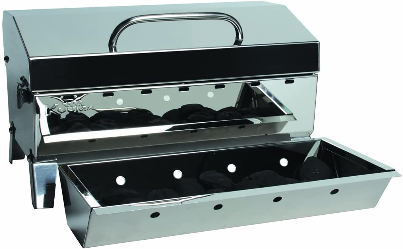 Kuuma 'Kuuma Premium Stainless Steel Mountable Charcoal Grill w/Inner Lid Liner by Camco -Compact Portable Size Perfect for Boats, Tailgating and More - Stow N Go 160'' (58110)', silver