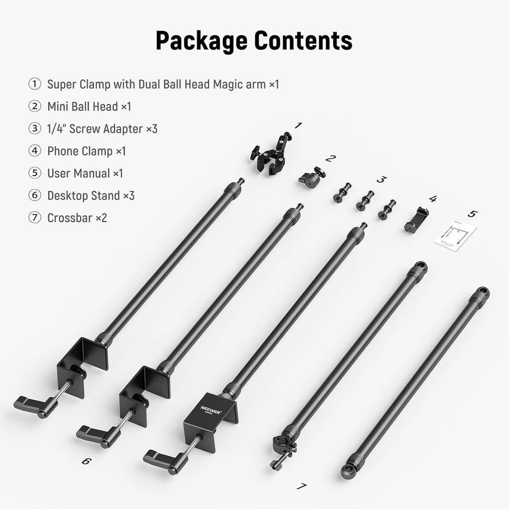 NEEWER Overhead Camera Mount Rig with Dual Ball Head Super Clamp/Phone Holder/C Clamp for Desktop Top Down Shots, Metal Multi Device Mount Platform for Photography Live Streaming Video Making, NK003