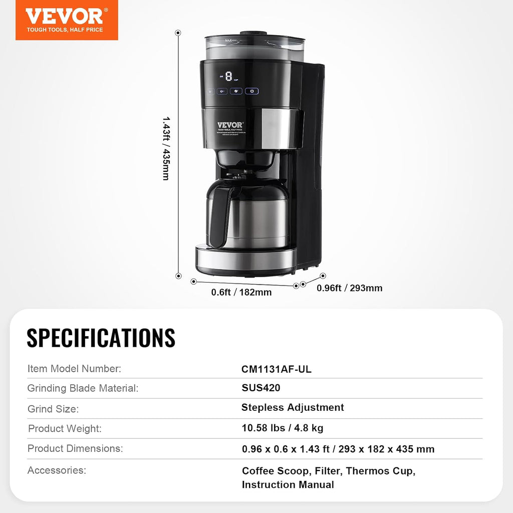 VEVOR Coffee Maker with Grinder, 8 Cup Programmable Coffee Machine, Grind and Brew Coffee Maker with 3 Brew Strength Control, Reusable Filter, Removable Water Tank, for Home Office Restaurant