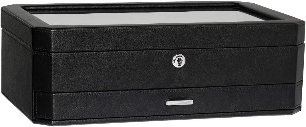 ROTHWELL 12 Slot Leather Watch Box with Valet Drawer - Luxury Watch and Jewelry Case Display Organizer, Microsuede liner, Mens Locking Storage Holder Large Glass Top (Black/Grey)