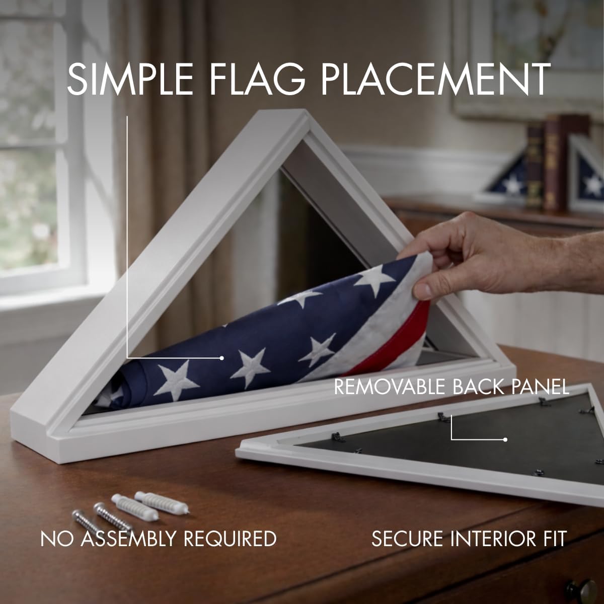 Bey-Berk Custom Personalized Solid Wood Triangle Glass Front Flag Display Case (White)