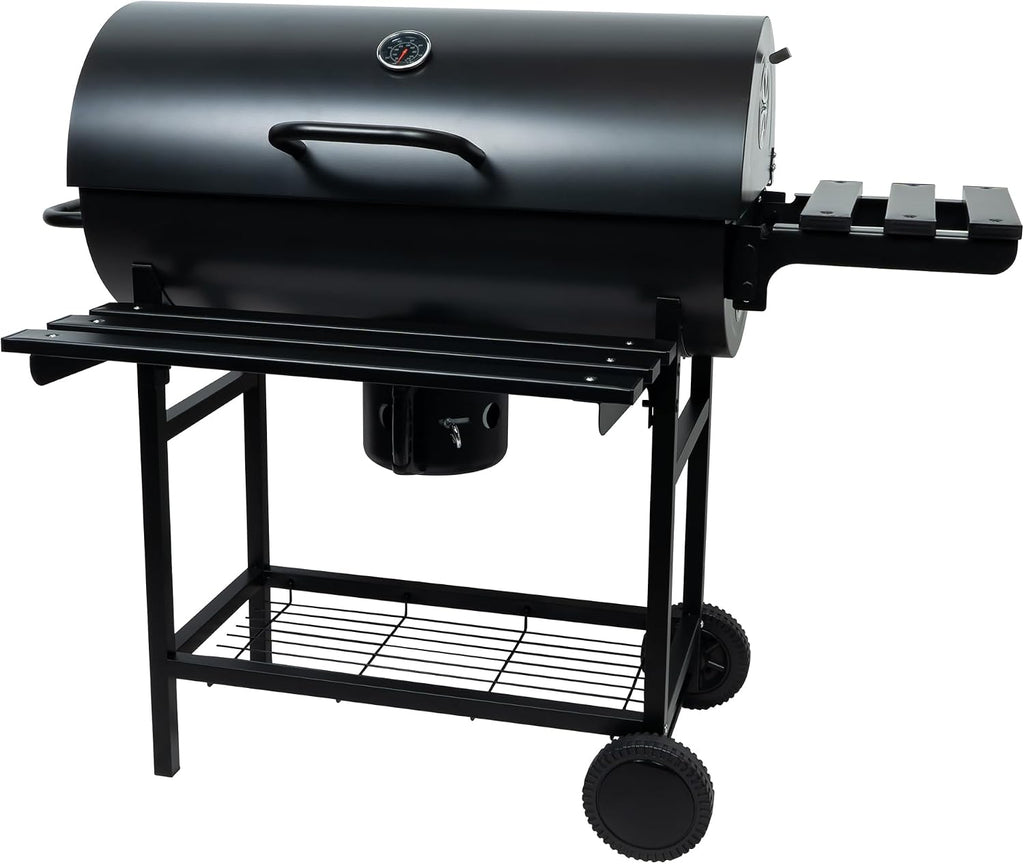 Charcoal Grill with Lid, 27' Outdoor BBQ Grill with Thermometer, Side Shelves, Wheels & Ash Catcher, Large Barrel Charcoal Smoker for Backyard, Camping & Outdoor Cooking