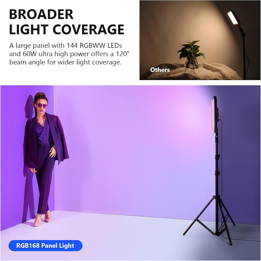 NEEWER RGB168 18.3' RGB LED Video Panel Light with App Control, Bluetooth, 2 Pack Tripod Stand Kit, 60W/360° Full Color/2500-8500K/CRI97+, Studio Photography/YouTube/Game Streaming