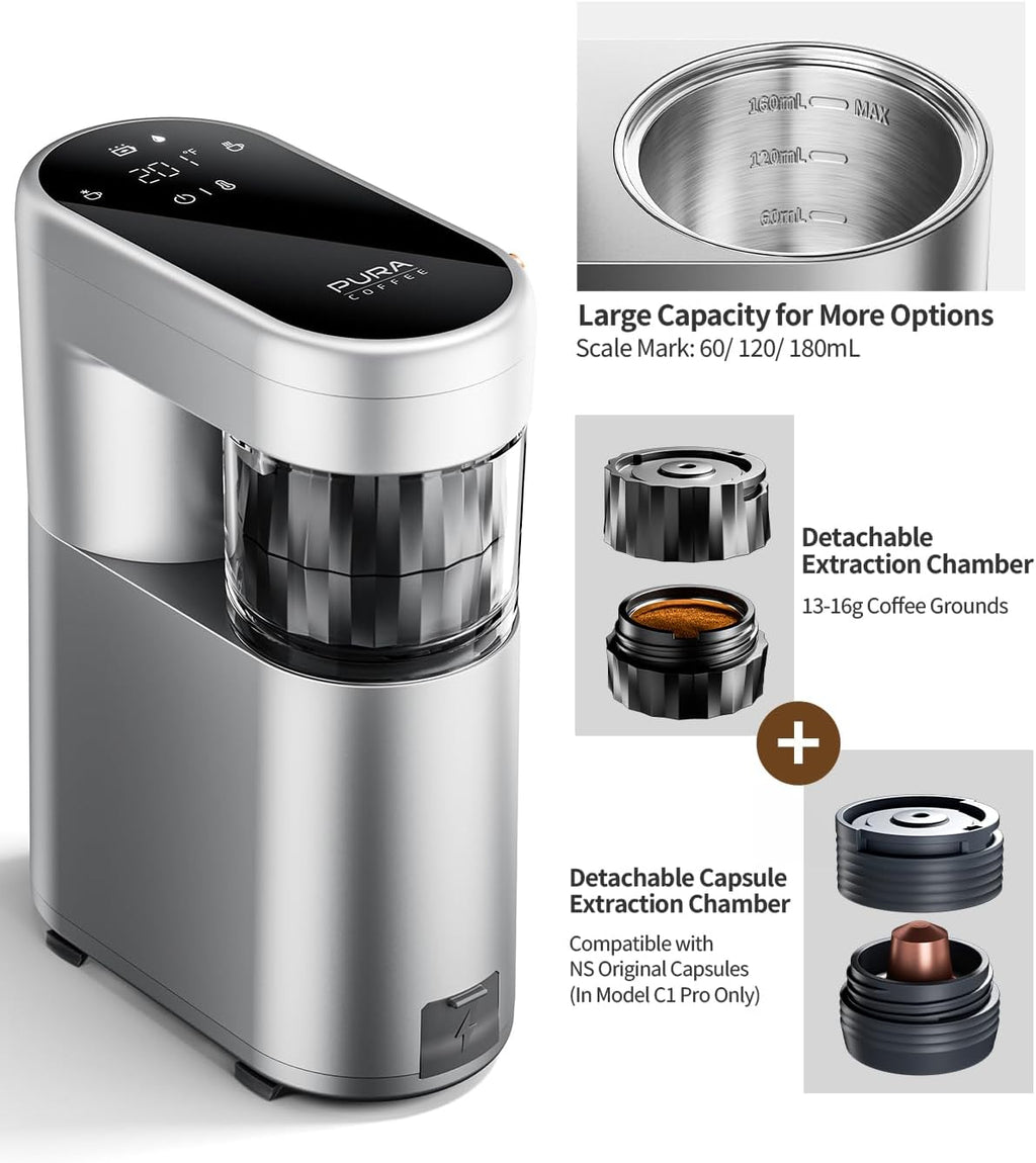 C1 Pro Compact Mini Espresso Machine with NS Capsule & Ground Coffee, Rechargeable Portable Espresso Maker, Electric Small Espresso Machine for Travel RV Car Camping Hiking Office Home with Rich Crema