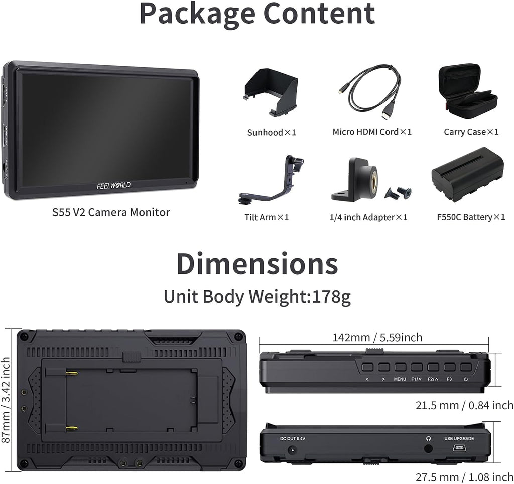 FEELWORLD S55 V3 6 Inch DSLR Camera Field Monitor Bundle - FHD IPS Screen, 4K HDMI in/Out, Tilt Arm, Power Output, Battery & Carry Case Included