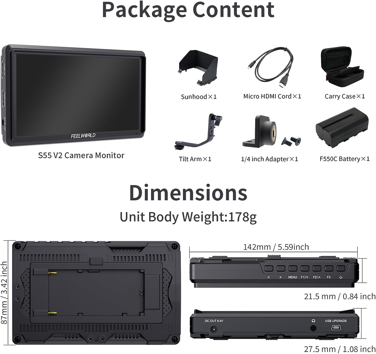 FEELWORLD S55 V3 6 Inch DSLR Camera Field Monitor Bundle - FHD IPS Screen, 4K HDMI in/Out, Tilt Arm, Power Output, Battery & Carry Case Included