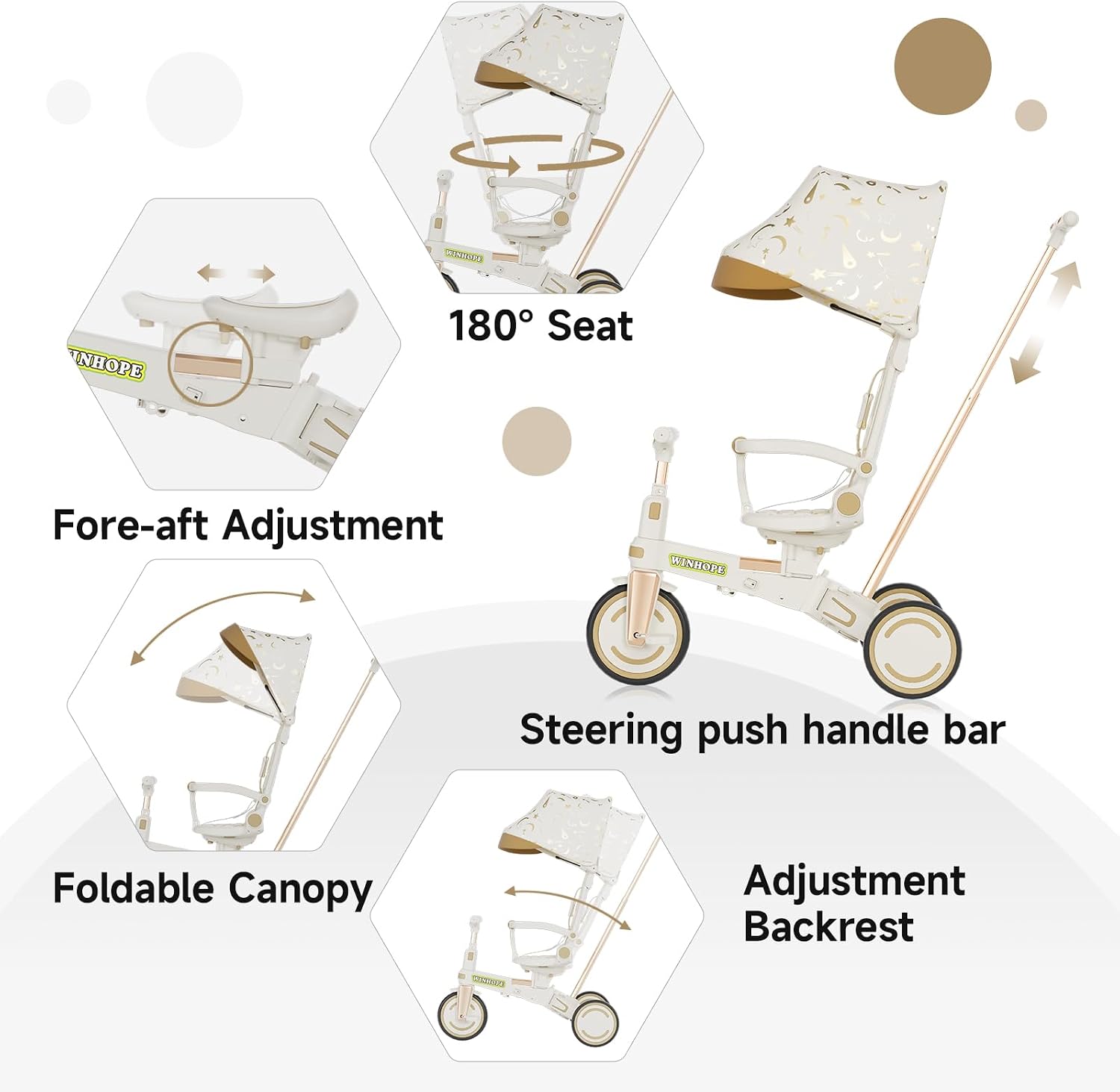 WinHope 9-in-1 Push Tricycle for Toddlers 1-3 Years | Convertible Kids Trike with Adjustable Parent Handle & Safety Harness, Lightweight Foldable Design + Storage Basket for Boys & Girls (White)