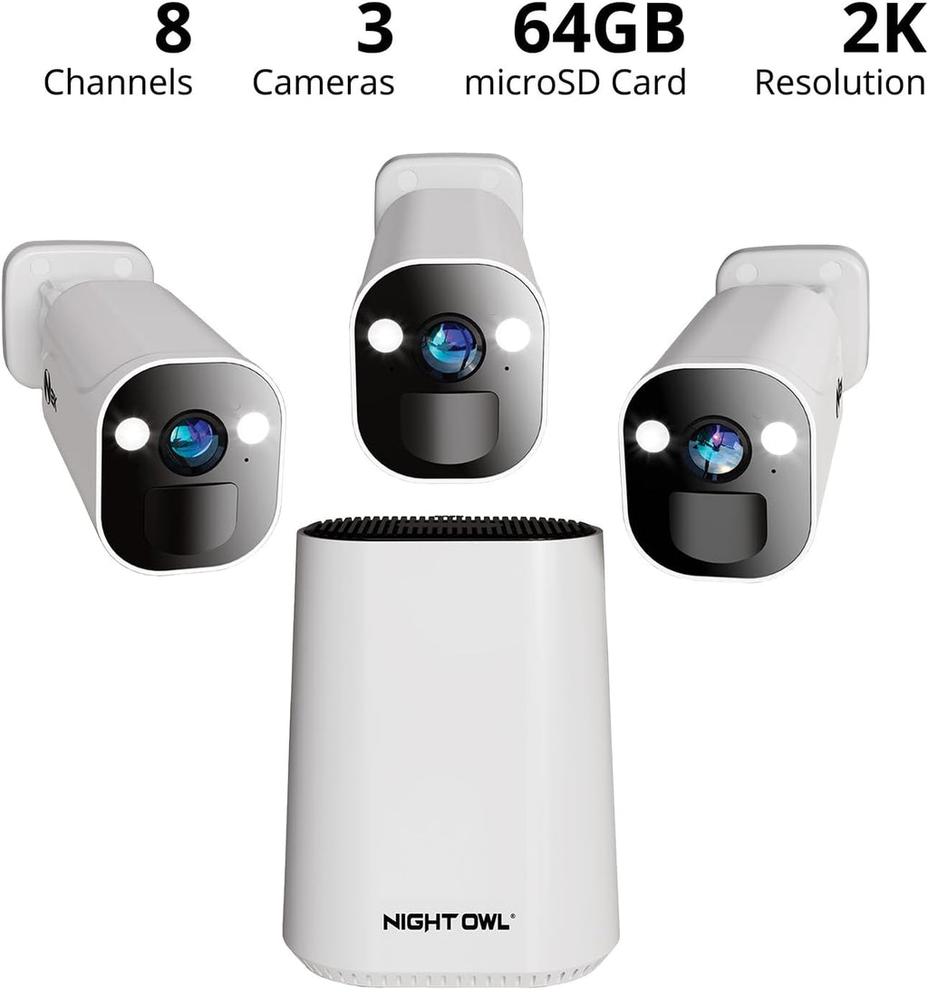 Night Owl 8 Channel Wi-Fi Video Home Security Hub with (3) Battery-Powered Wi-Fi 2K HD Indoor/Outdoor Spotlight Cameras with 2-Way Audio and 64GB microSD Card (Expandable up to 8 Cameras)
