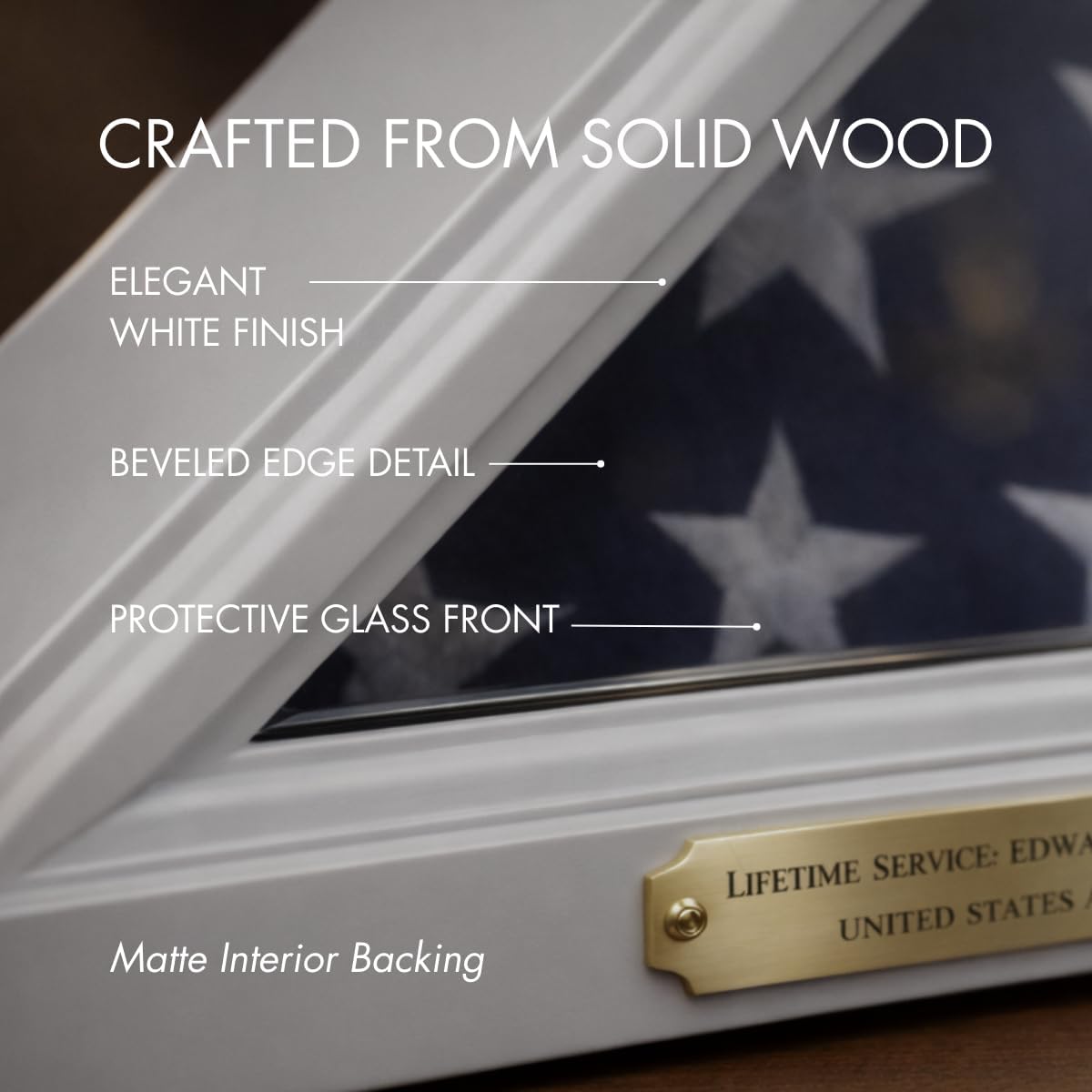 Bey-Berk Custom Personalized Solid Wood Triangle Glass Front Flag Display Case (White)