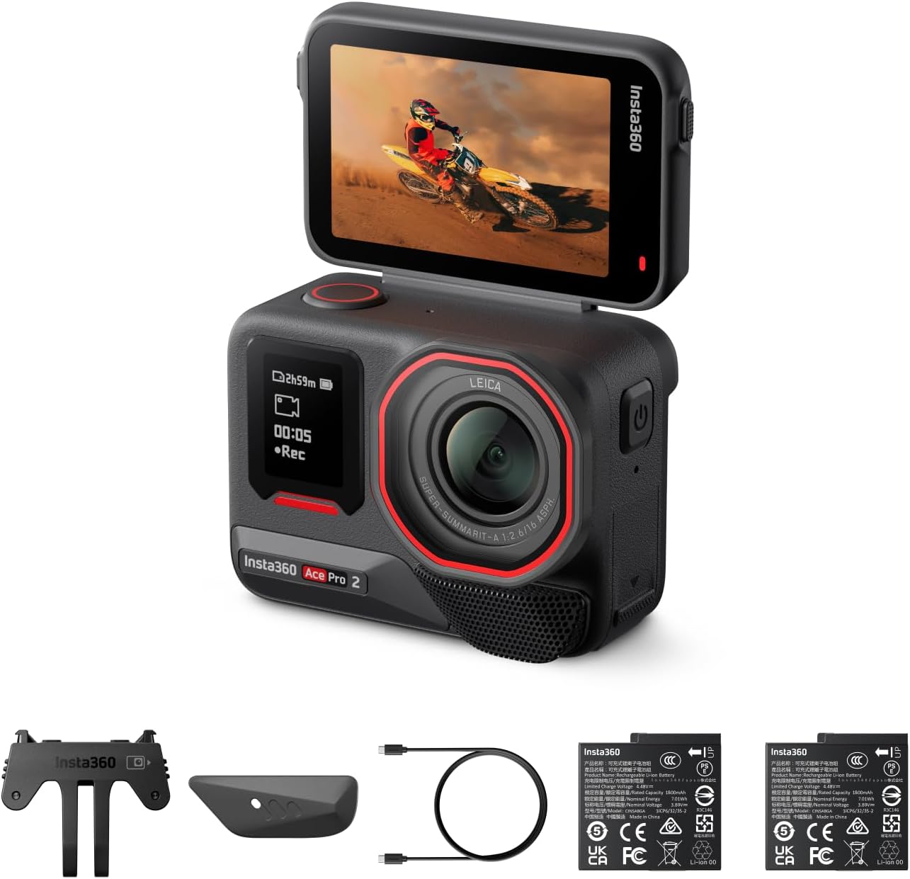 Insta360 Ace Pro 2 Dual Battery Bundle - 8K Waterproof Action Camera Co-Engineered with Leica, 1/1.3' Sensor, Dual AI Chip, Leading Low Light, Superior Audio