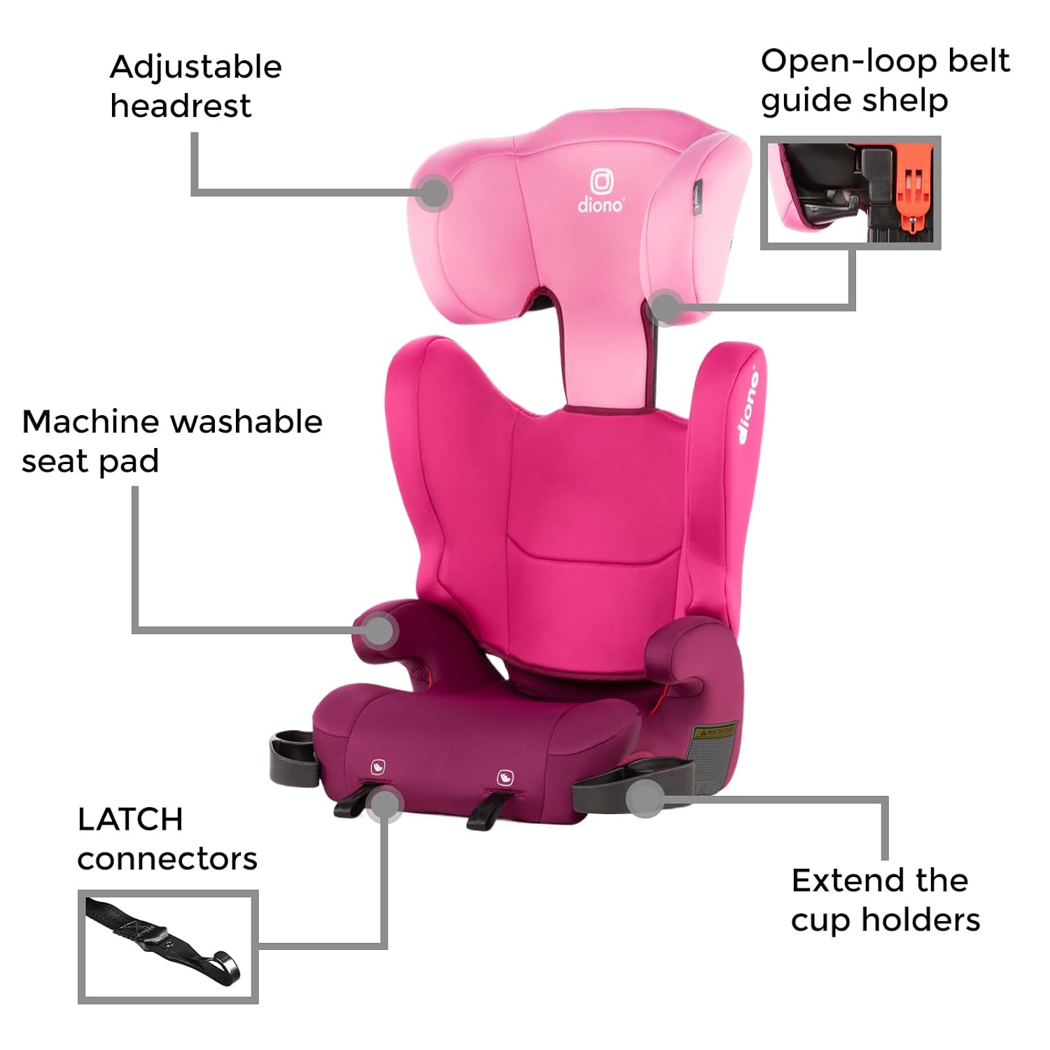 Diono Cambria LE, 2-in-1 Belt Positioning Booster Seat,Backless and High-Back Booster seat for Children from 40—120 lb,17' Wide,6 Headrest Positions,Lightweight with Latch,Pink