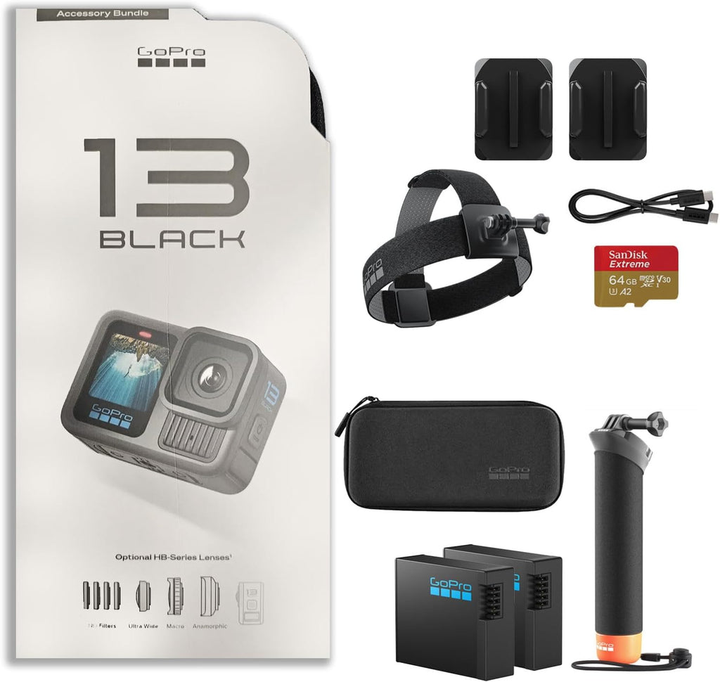 GoPro Hero13 Black 27MP Waterproof Action Camera - Special Accessory Bundle | 5.3K60 Ultra HD Video w/Handler, 2 Enduro 1900mAh Batteries, 64GB Extreme microSDXC Memory Card and Head Strap 2.0
