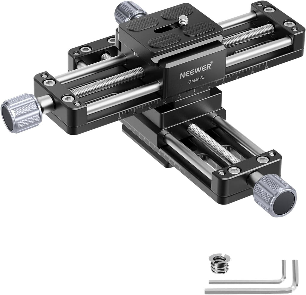 NEEWER Macro Rail Slider, 4 Axis 360° Rotating Aluminum Alloy Focusing Rail with Arca Type Quick Release Plate 1/4' Screw for Camera Camcorder Tripod Heads Macro Photography Closeups Filming, GM-MP3