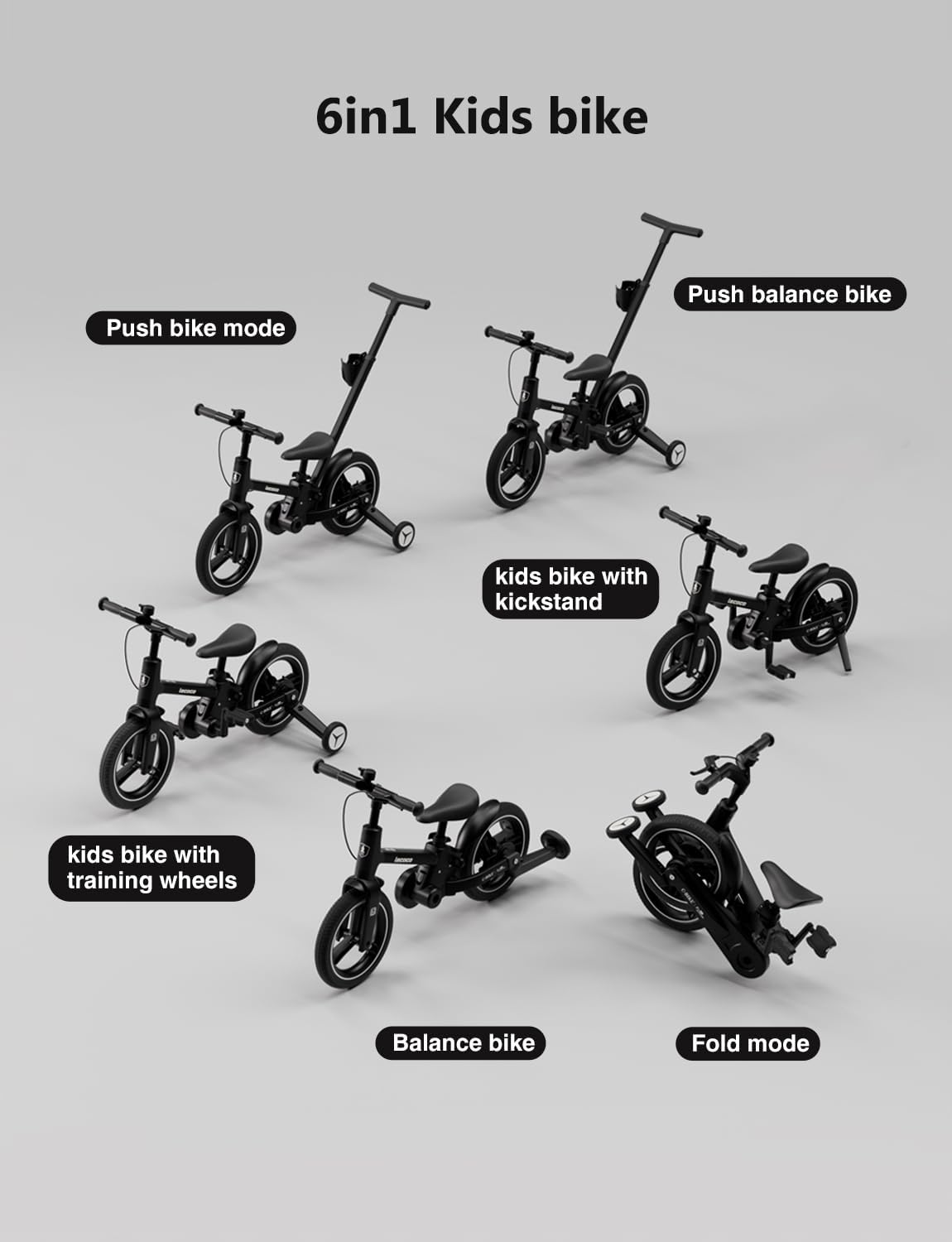lecoco Upgraded Toddler Bike with Push Handle 6 in 1 for Kids, Balance Bicycle Toys with Training Wheels, Brackes, Cup Holder, Pedal, Kickstand Birthday Gift for Boys and Girls