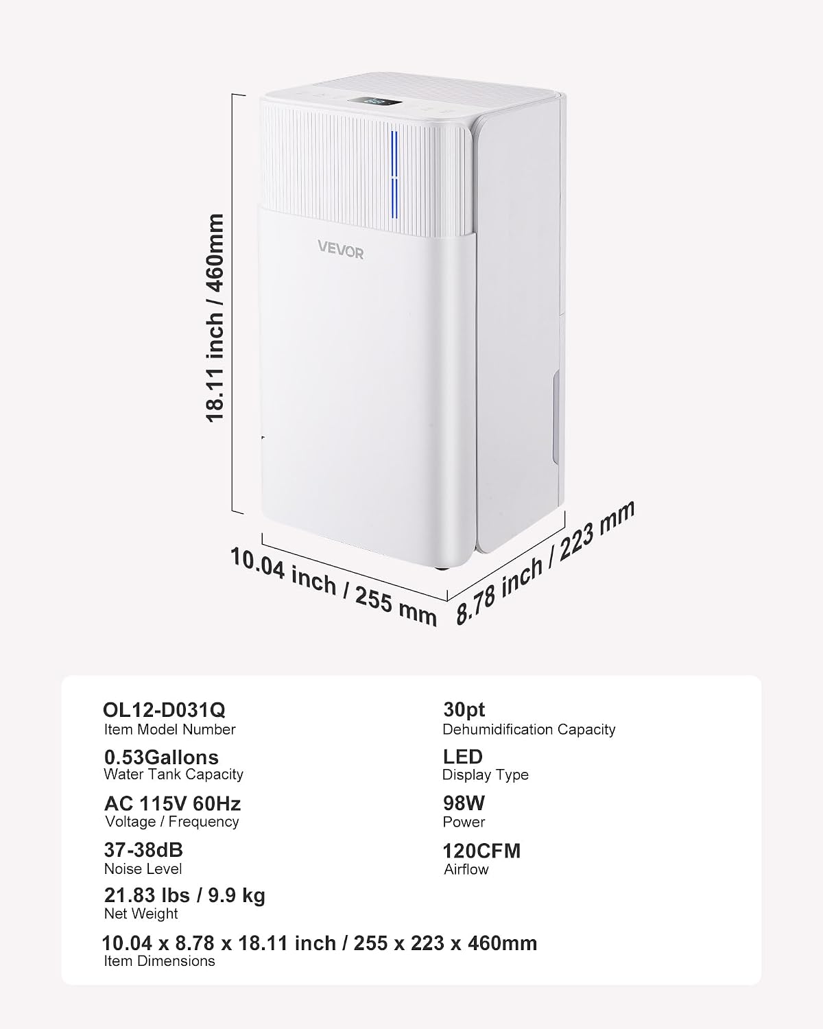 VEVOR 30 Pints Dehumidifier for Home & Basement, 1500 Sq.Ft Large CoverageDrain Hose for Commercial & Industrial Use, Smart Humidity Control, Low Noise for Large Rooms, Warehouses, Bedrooms & Storage