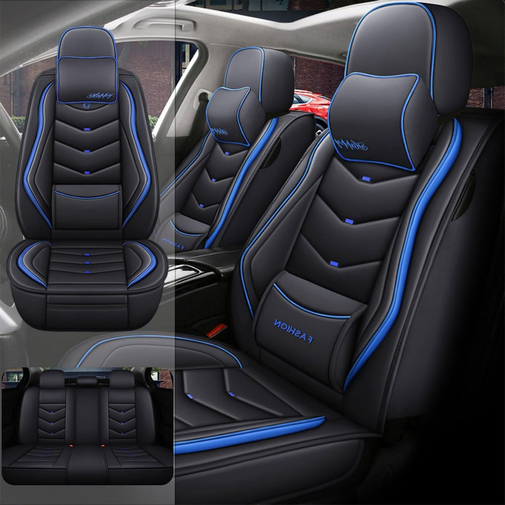 Car Seat Covers Full Set for Nissan Pathfinder 2015-2025 Leather Seat Covers, Waterproof Non-Slip Breathable and Wear Seat Cover, Car Seat Protector Adapted Airbags（Luxury, Black+Blue）