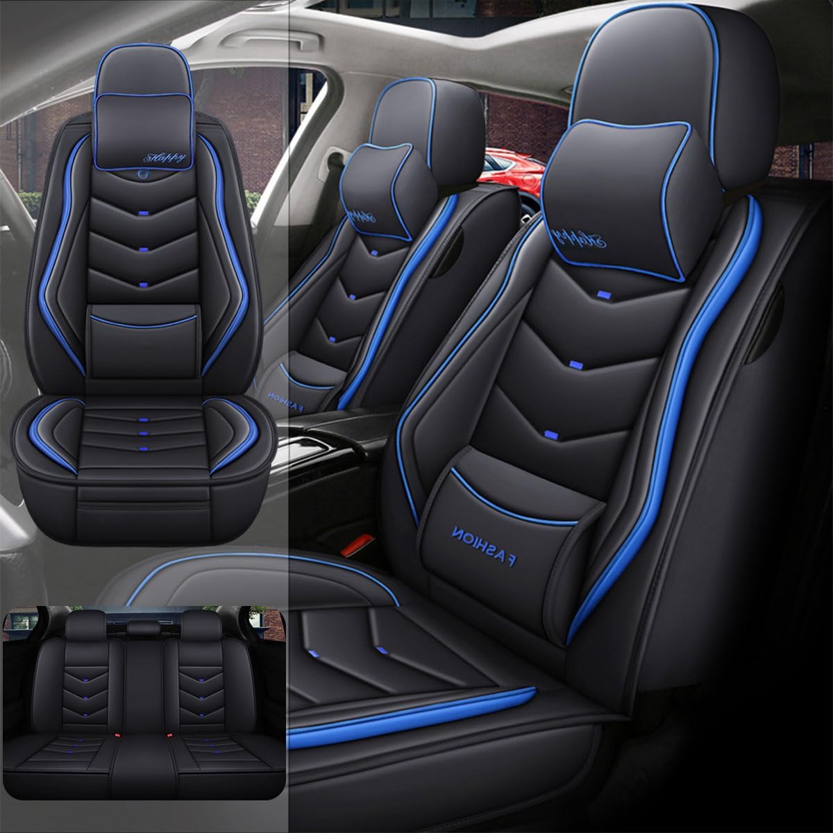 Car Seat Covers Full Set for Nissan Pathfinder 2015-2025 Leather Seat Covers, Waterproof Non-Slip Breathable and Wear Seat Cover, Car Seat Protector Adapted Airbags（Luxury, Black+Blue）