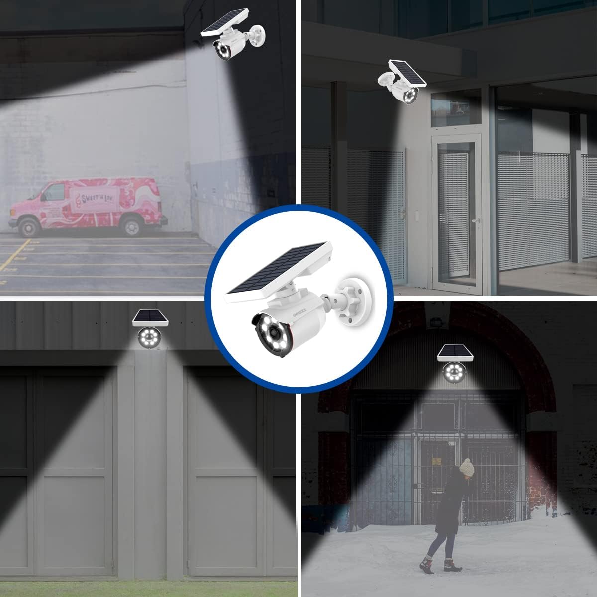 OOSSXX Solar Powered Outdoor Wireless Simulated Cameras Fake Camera Wire Free Solar Motion Light Motion Sensor Floodlights Spotlight