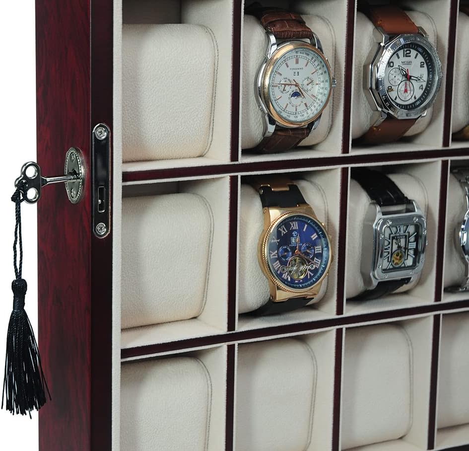 TIMELYBUYS 30 Piece Cherry Wood Watch Display Wall Hanging Case and Storage Organizer Box and Stand Father's Day