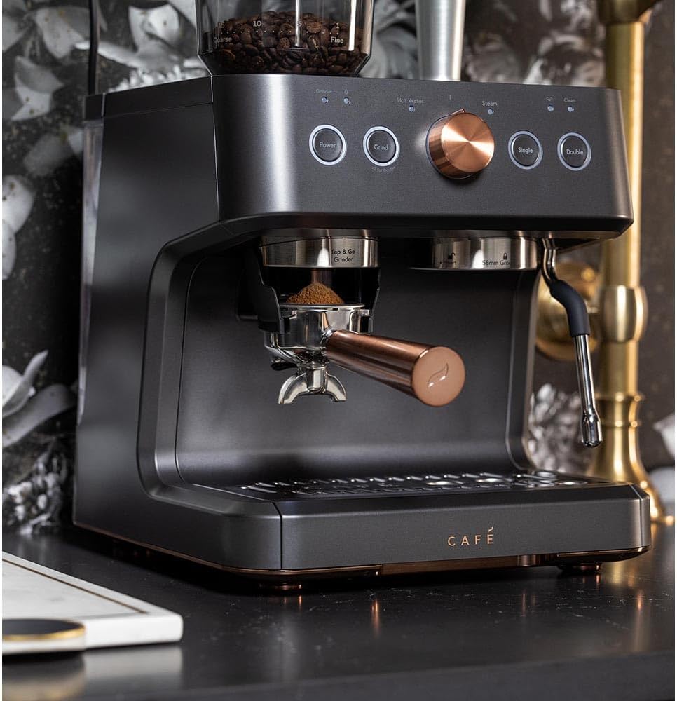 Café Bellissimo Semi Automatic Espresso Machine with Grinder & Milk Frother | Copper Accents | WiFi App Control | Large 95oz Tank | Matte Black