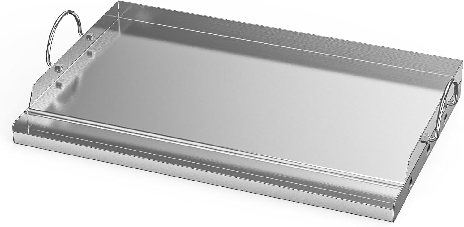 onlyfire Stainless Steel BBQ Griddle, Outdoor Flat Top Griddle Pan with Grease Groove and Handles for Gas and Charcoal Grills, 25'x16'
