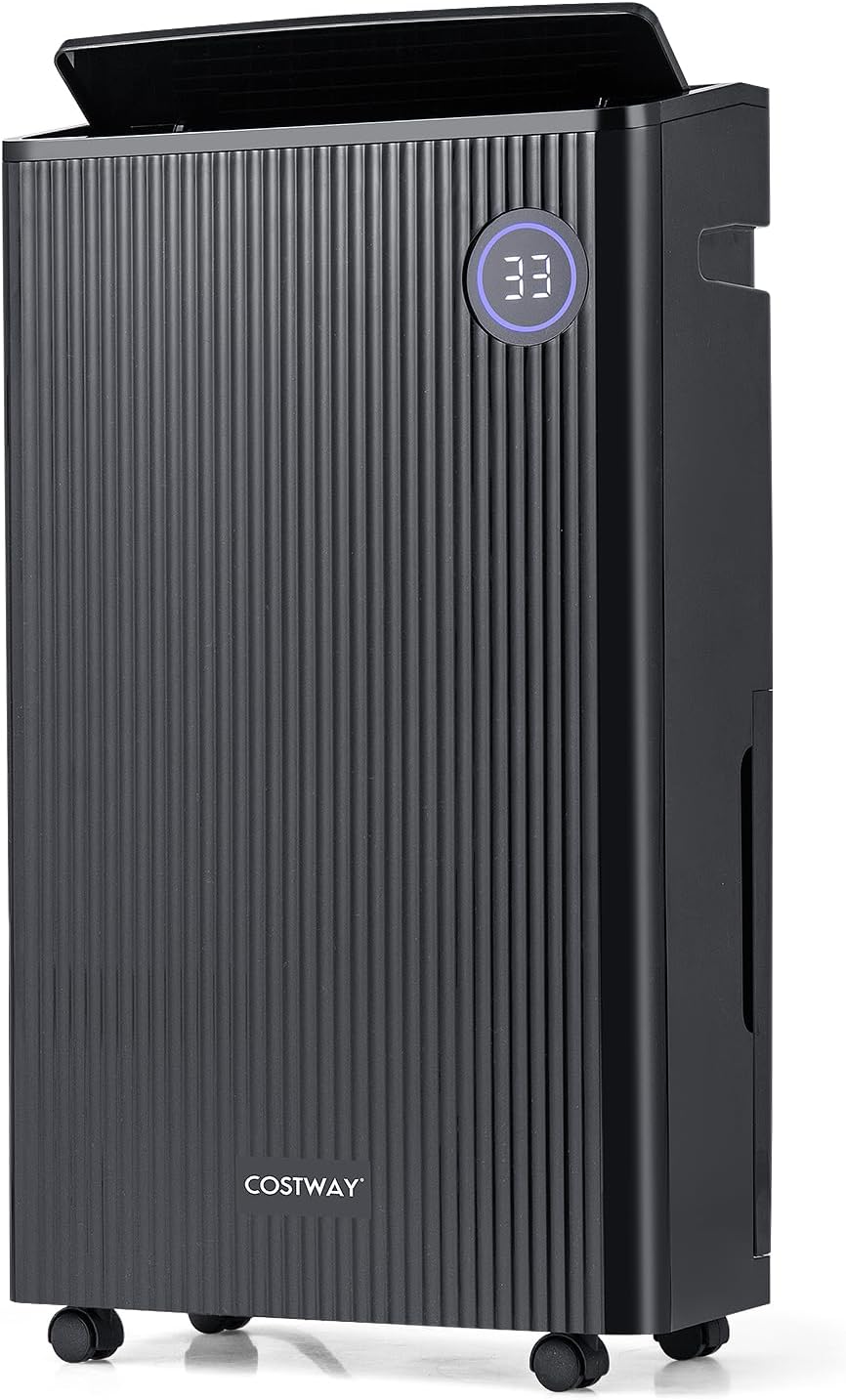 COSTWAY 4,500 Sq. Ft Dehumidifier for Basement, 3-Color Humidity Indicator, Dry Clothes Mode, 12' Drain Hose & Wheels, 57 Pints Dehumidifier for Large Room (Black)
