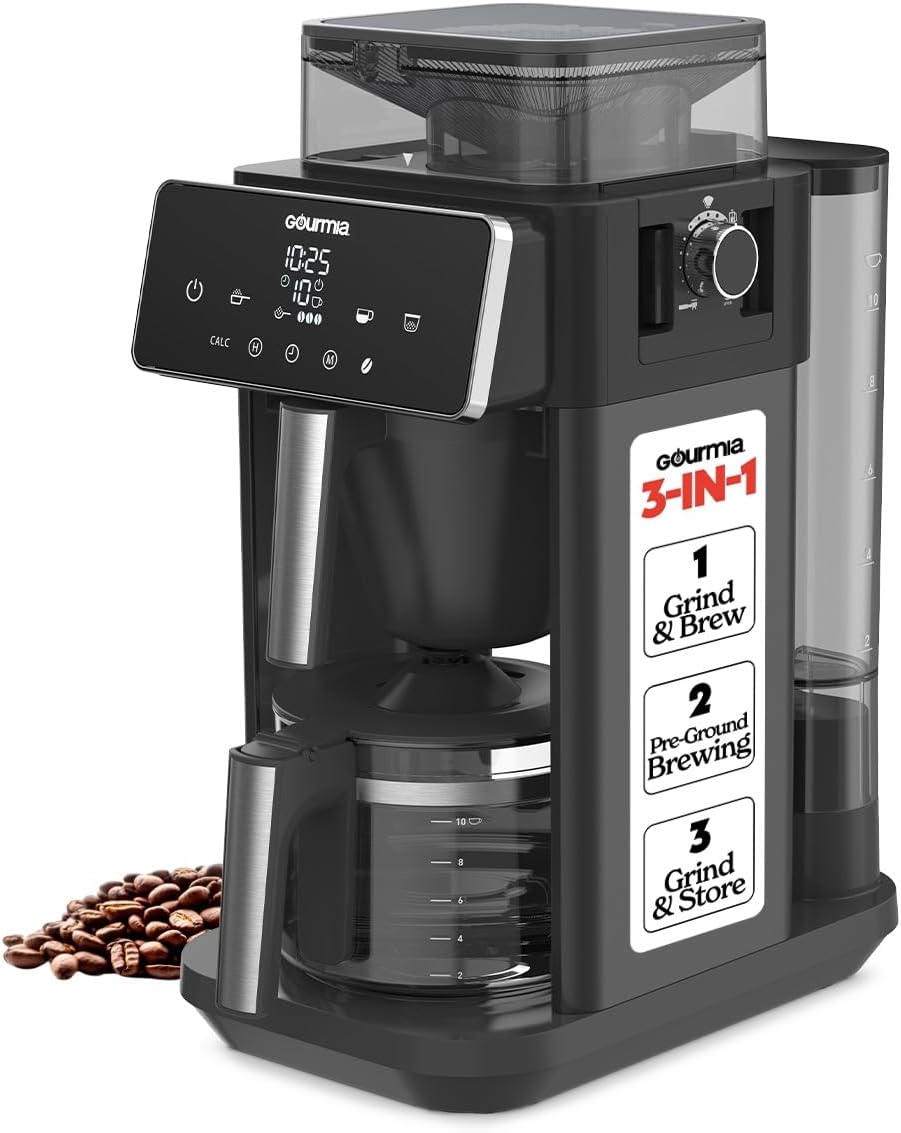 Gourmia 10 Cup Grind & Brew Coffee Maker - Built-In Burr Grinder, 3 Brew Strengths, Programmable Digital Display, Pause & Serve, Keep Warm, Auto Shut Off, Black
