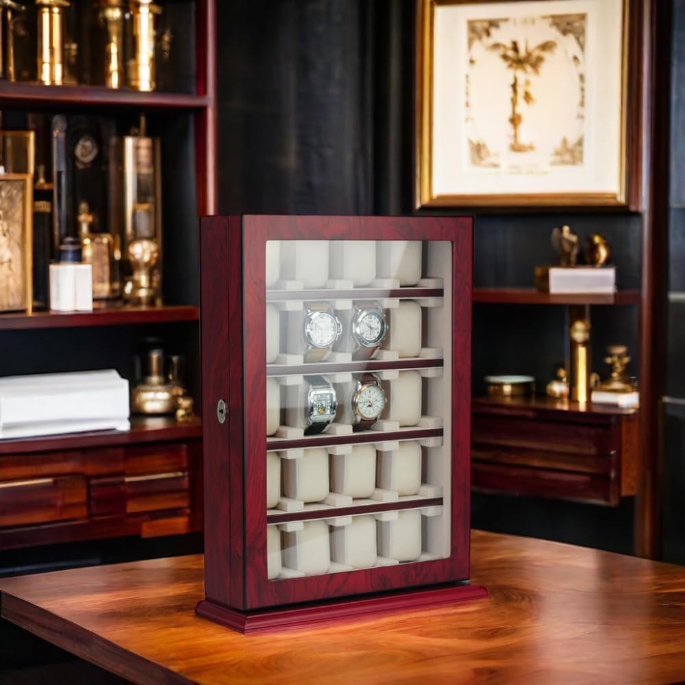 TIMELYBUYS 20 Piece Cherry Wood Watch Display Wall Hanging Case and Storage Organizer Box and Stand for Oversized Watches