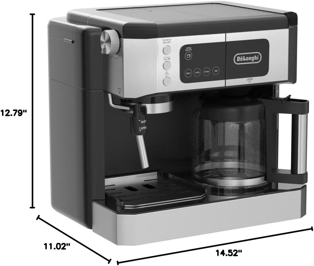 De'Longhi UPGRADED All-in-One Combination Coffee Maker & Espresso Machine + Advanced Adjustable Milk Frother for Cappuccino & Latte + Glass Coffee Pot 10-Cup, COM532M black