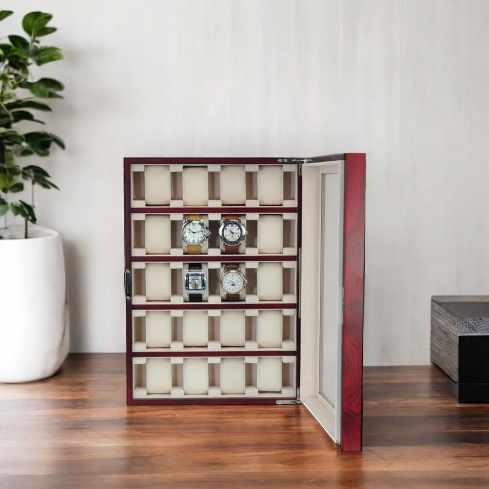 TIMELYBUYS 20 Piece Cherry Wood Watch Display Wall Hanging Case and Storage Organizer Box and Stand for Oversized Watches