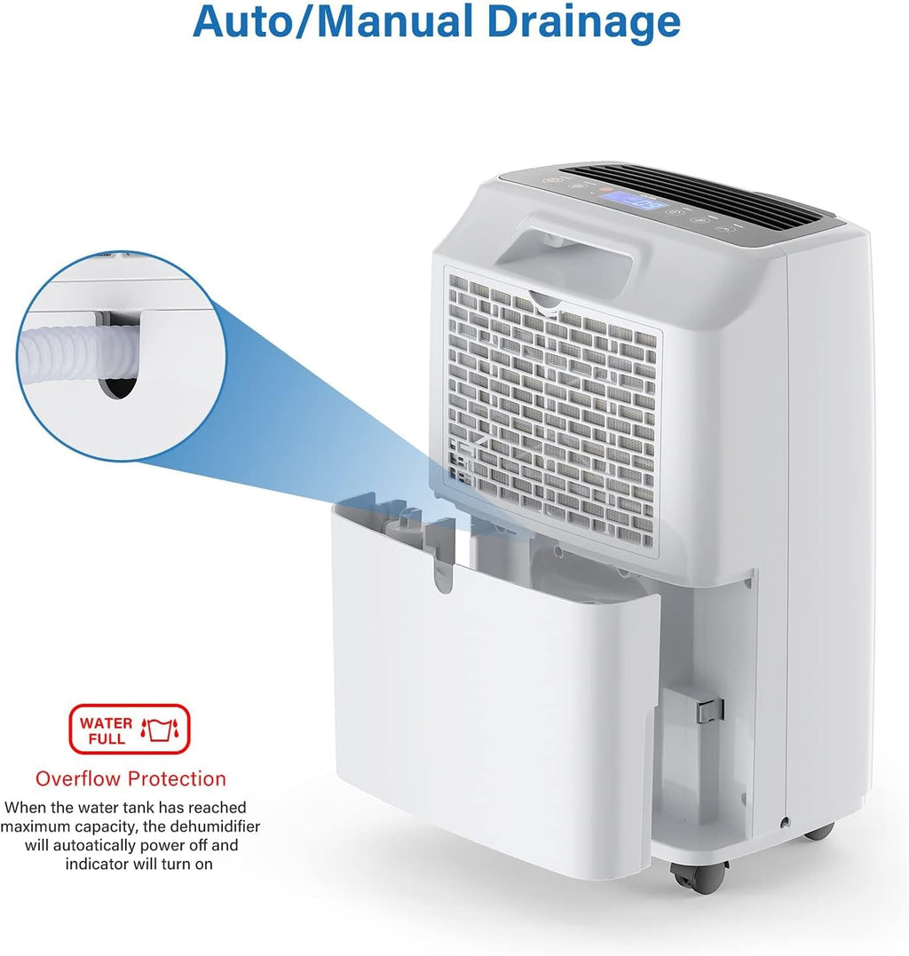 Yaufey 2500 Sq. Ft Dehumidifier for Home and Basements with Auto or Manual Drainage, 0.48 Gallon Water Tank Capacity -Low Noise and 24 Hr Timer