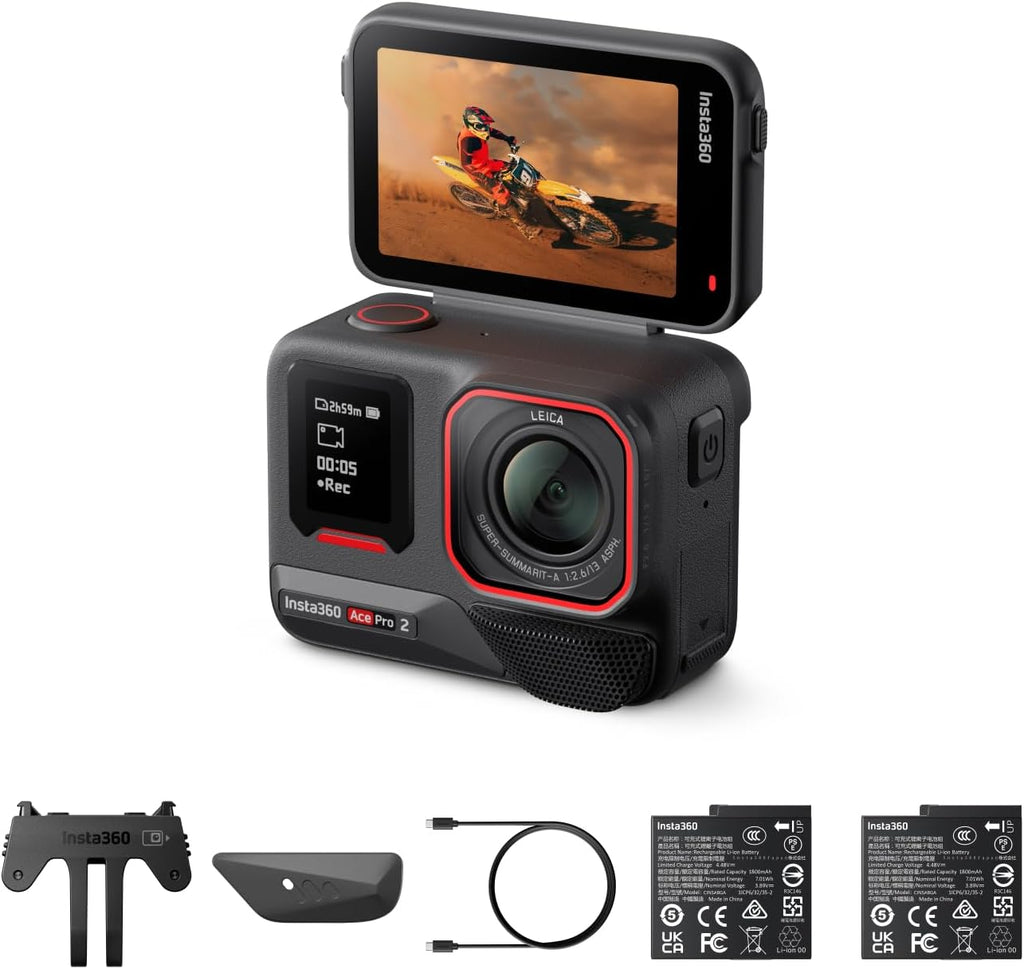 Insta360 Ace Pro 2 Dual Battery Bundle -8K Waterproof Action Camera Co-Engineered with Leica, 1/1.3' Sensor, Dual AI Chip, Leading Low Light, Superior Audio, Flip Screen & AI Editing for Motorcycling