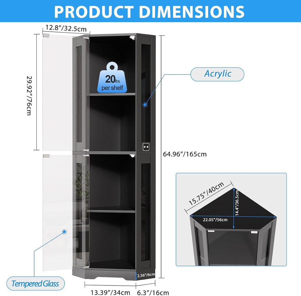 BROTTAR 65' Corner Glass Display Cabinet with LED Lights, 4-Tier Showcase Display Case with Glass Doors & Human Body Sensor for Collectibles, Liquor, Black