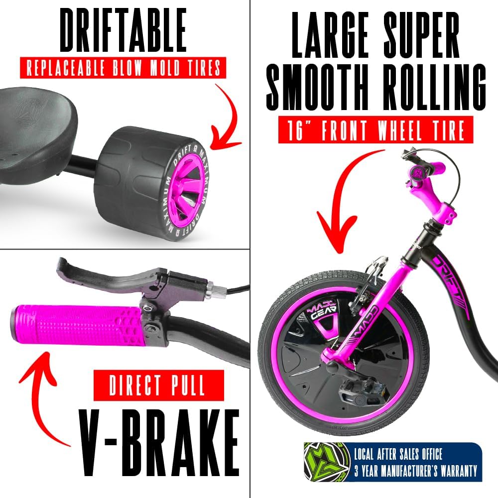 Drift Trike for Kids Ages 5+ – 16' Front Wheel Ride-On with Adjustable Seat, Steel Frame, Rear Slick Drift Wheels & Safety Flag – Madd Gear (Pink/Teal)