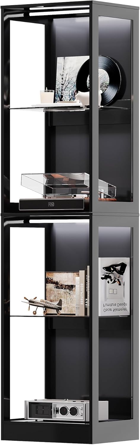 AMERLIFE RGB Display Cabinet with Adjustable Shelves, 4-Tier Storage Case with LED Lights, Modern Display Shelf for Collectibles, Black 70' H×18' L×14' D
